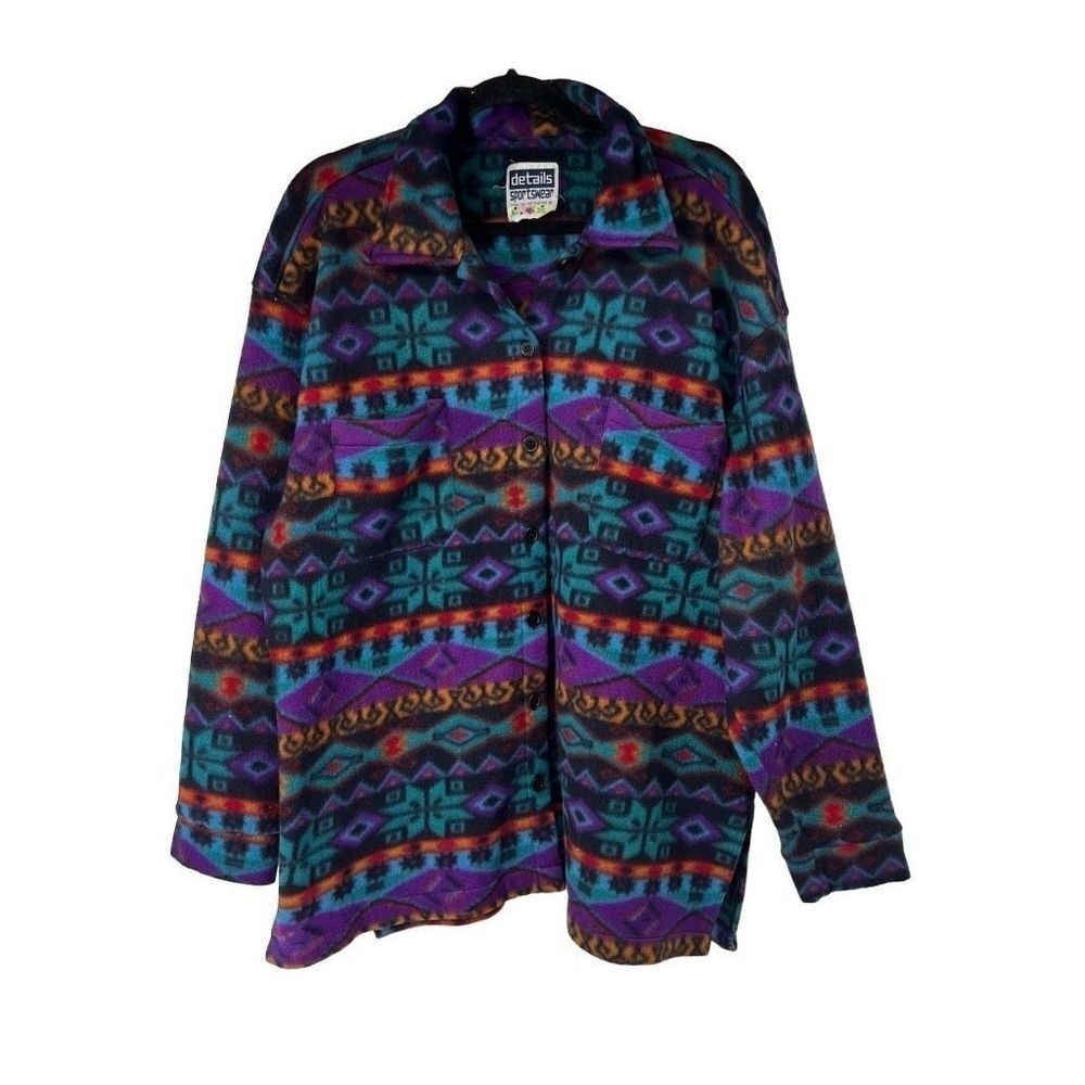 Vintage Aztec Southwestern Pattern Print Button Up Fleece Shacket Unisex